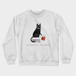 Cartoon black cat throwing off a jar of tomatoes with the inscription "My tomatoes - my weapon." Crewneck Sweatshirt